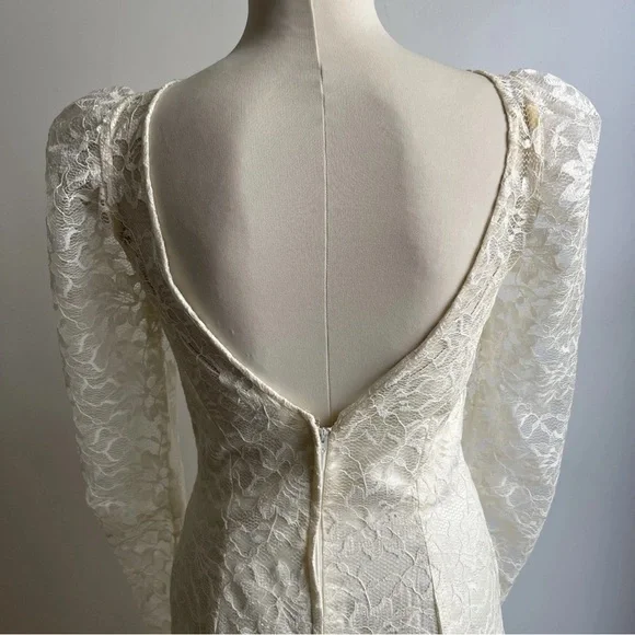 Vintage 60s Cream Wedding Dress ILGWU Drop Waist Bow Satin Lace Hi Lo Size Small - Picture 7 of 12